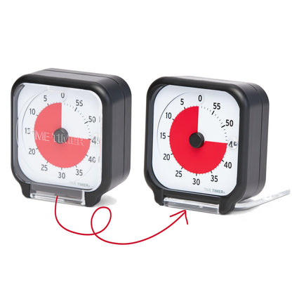 Time Timer Original 3 inch Visual Timer - Pocket. The Time Timer 3-inch has a clear lid. When closed, it protects the timer, and the red disk can be seen through it. When it is open, it folds under the timer, and acts as a stand for the timer to be placed on any flat surface.