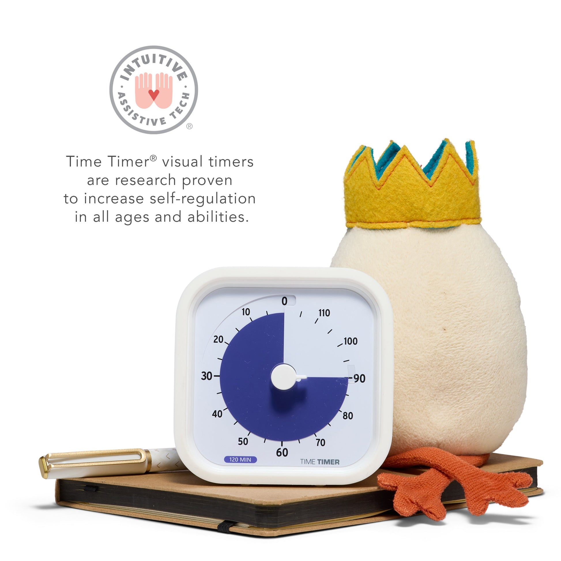 Time Timer visual timers are research proven to increase self-regulation in all ages and abilities. The MOD 120-minute timer us shown next to an Humpty Dumpty Egg toy and pen sitting atop a notebook.