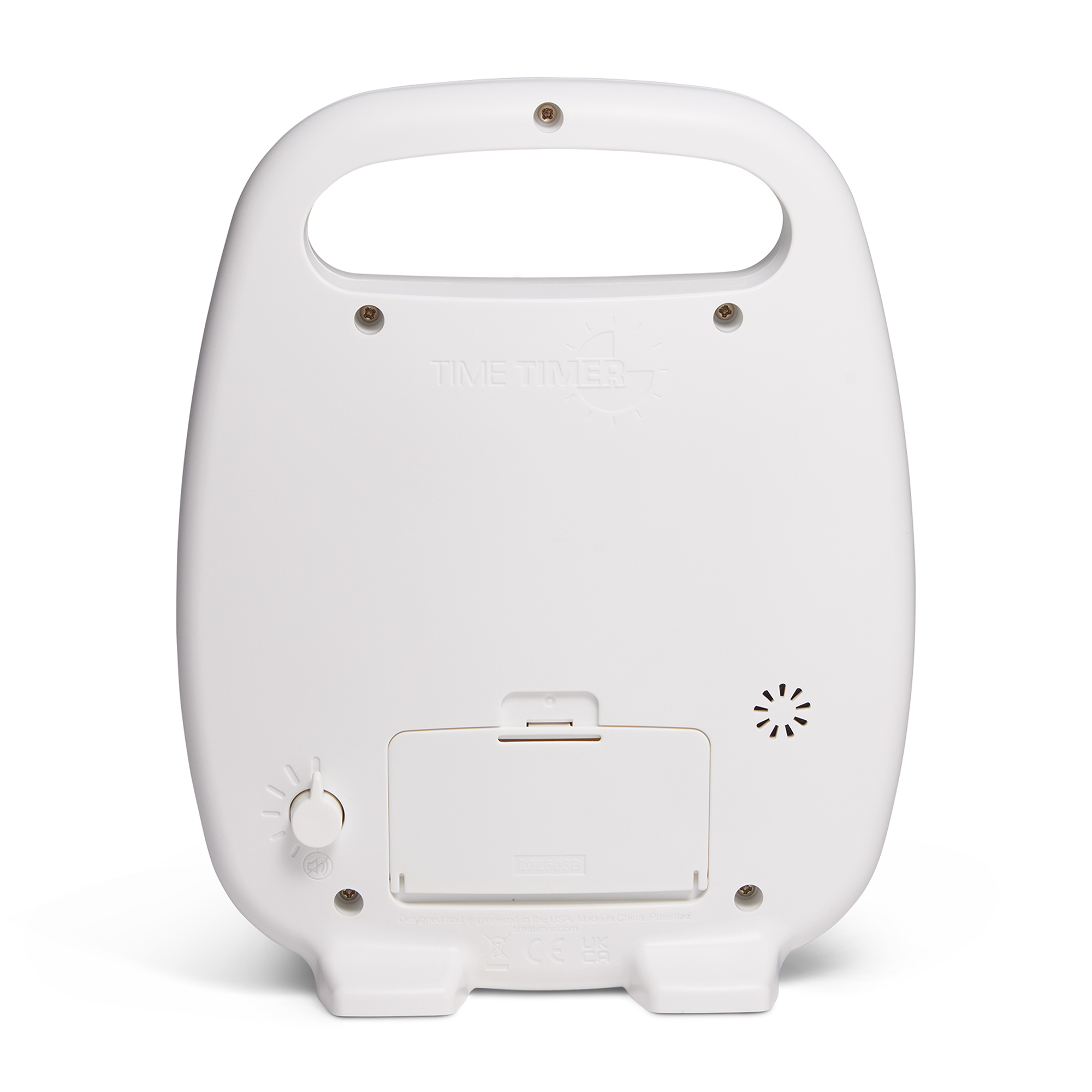 The back side of the Time Timer PLUS visual timer is shown, showcasing the battery compartment that holds 2 AA batteries (not included), the variable volume control dial and a small speaker.  