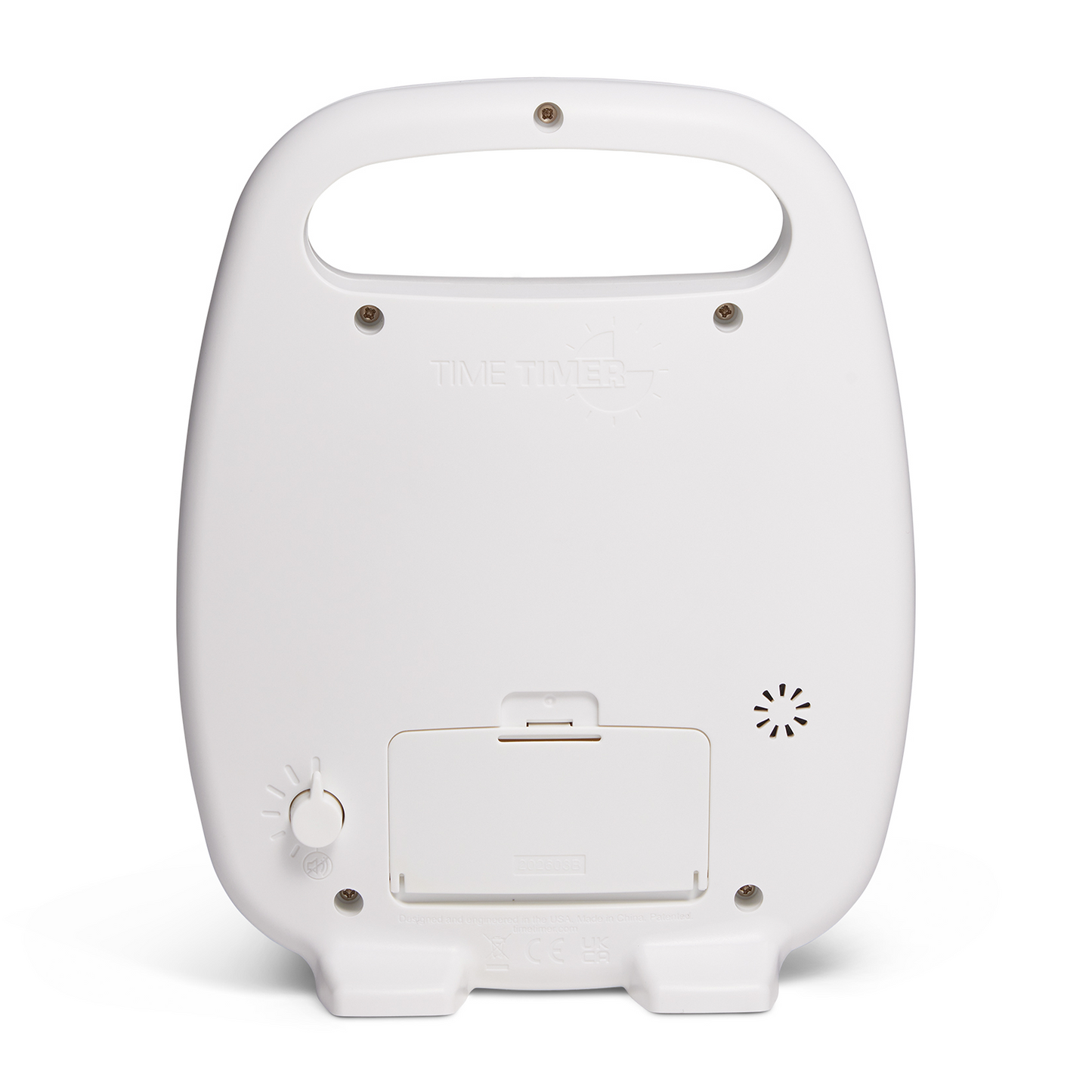 The back side of the Time Timer PLUS visual timer is shown, showcasing the battery compartment that holds 2 AA batteries (not included), the variable volume control dial and a small speaker.  