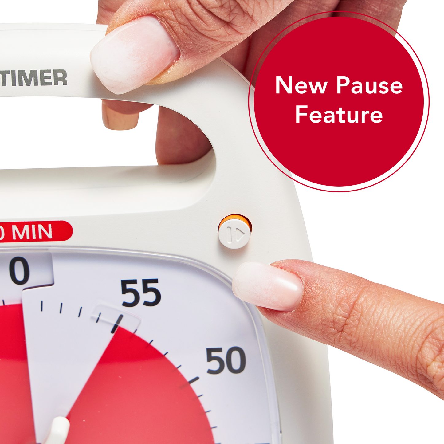 A close up image of the Time Timer PLUS visual timer highlighting the PAUSE button. A hand is about to press the button which is shown popped out with an orange rim.