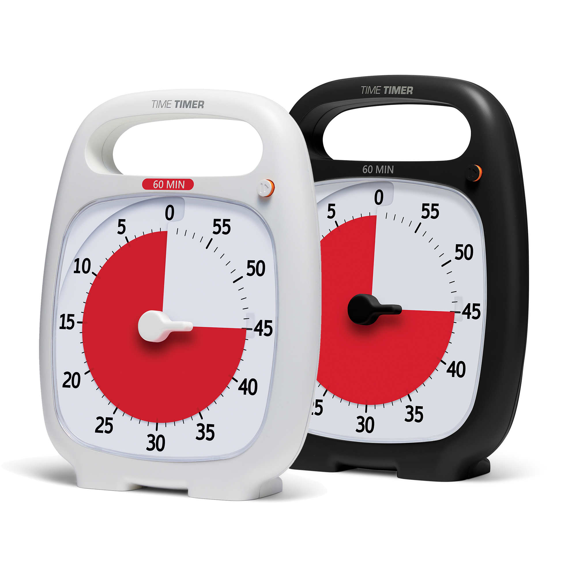 The Time Timer PLUS visual timer in both white and charcoal are shown. Pause button is released showing orange outline. Red disk shows 45 minute durations on both timers.