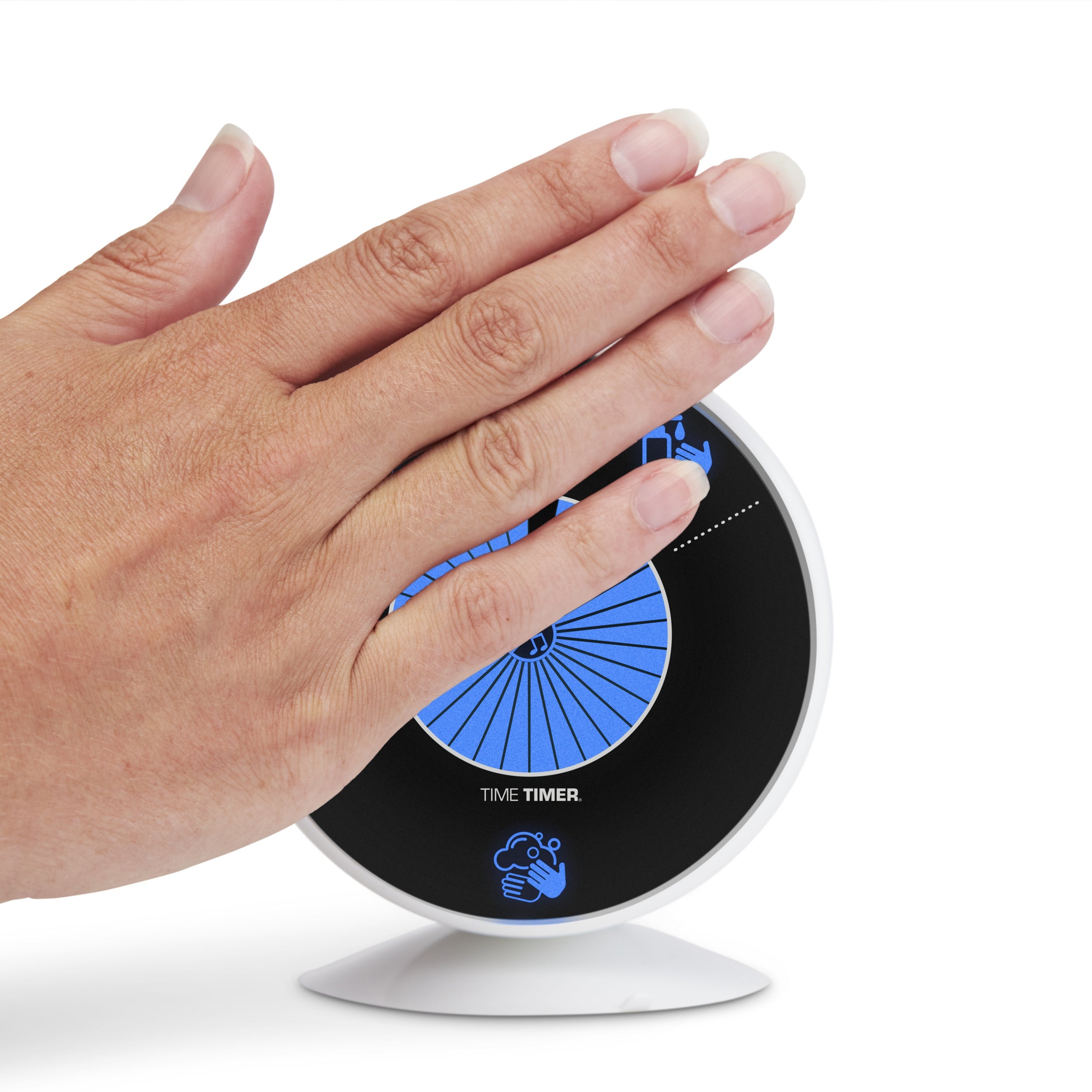 The Time Timer WASH visual handwashing timer is touchless. The timer starts with by simply holding ot slowly waving the hand in front of the device.